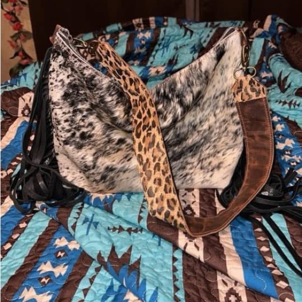 Brown and Black Shoulder Bag with Cowhide Material and Gold Chain Accent